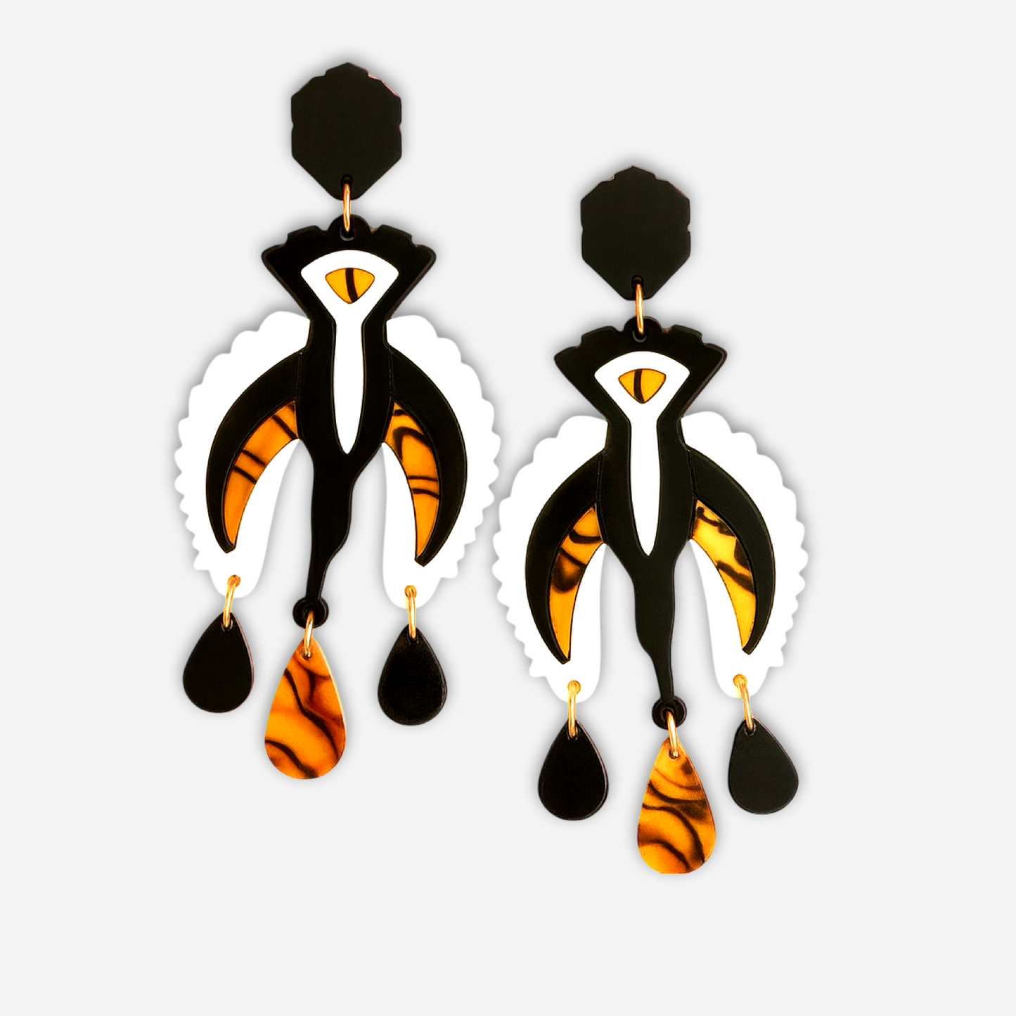 Black Neck Stork - Bold Statement Earrings – Black, Ivory & Tortoiseshell Drops
