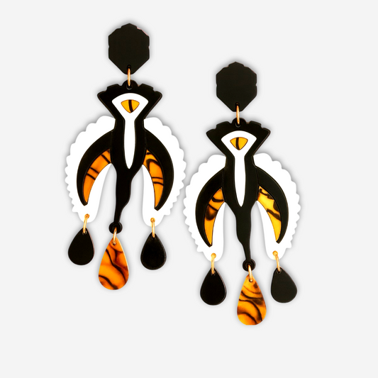 Black Neck Stork - Bold Statement Earrings – Black, Ivory & Tortoiseshell Drops