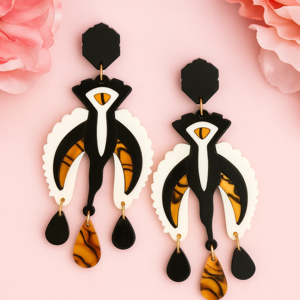 Black Neck Stork - Bold Statement Earrings – Black, Ivory & Tortoiseshell Drops