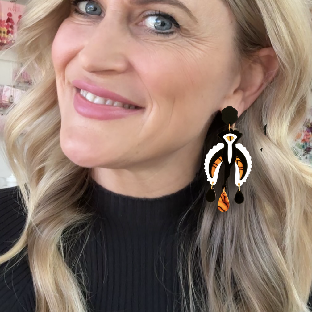 Black Neck Stork - Bold Statement Earrings – Black, Ivory & Tortoiseshell Drops